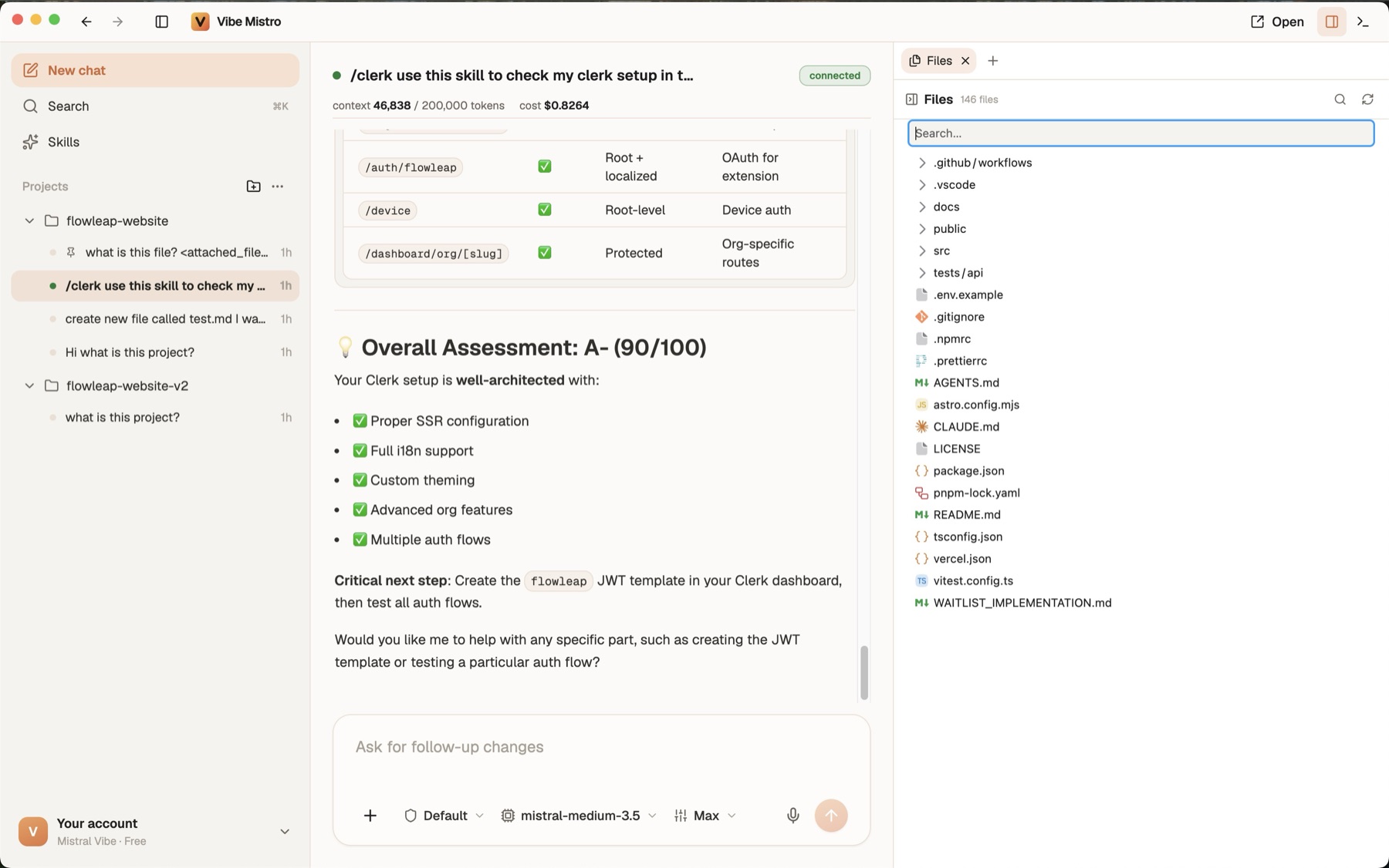 Vibe Mistro showing Workspace Threads, a live Mistral Vibe conversation, and the Files panel